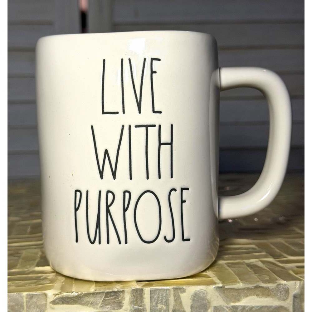 Rae Dunn Artisan Collection "LIVE WITH PURPOSE" 16oz White Ceramic Mug Left